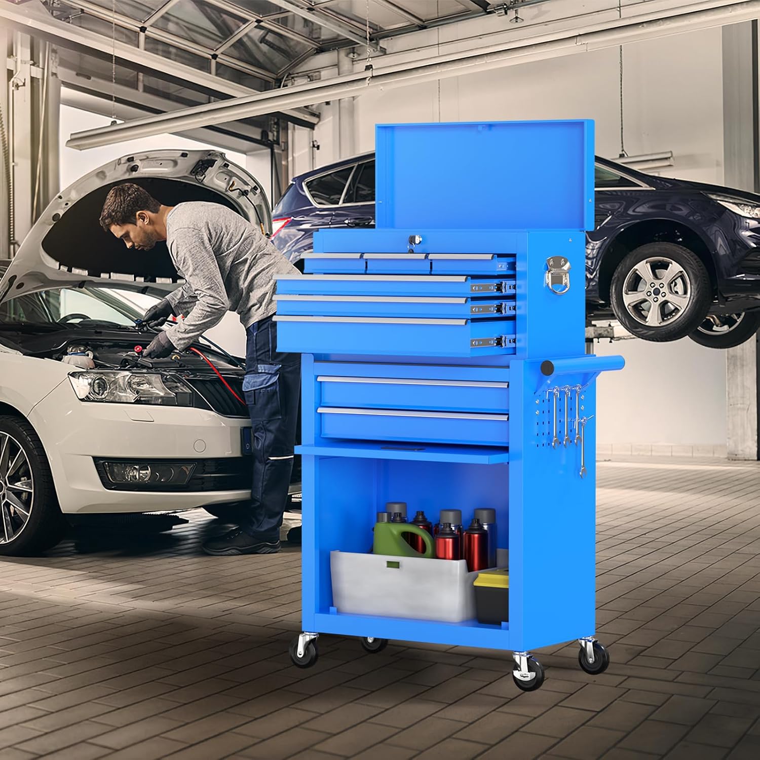 8-Drawer Rolling Tool Chest with Wheels, 2-in-1 Detachable Tool Box with Drawers and Large Cabinet, Rolling Tool Chest Storage Cabinet with Lockable for Warehouse, Garage, Workshop (Blue)