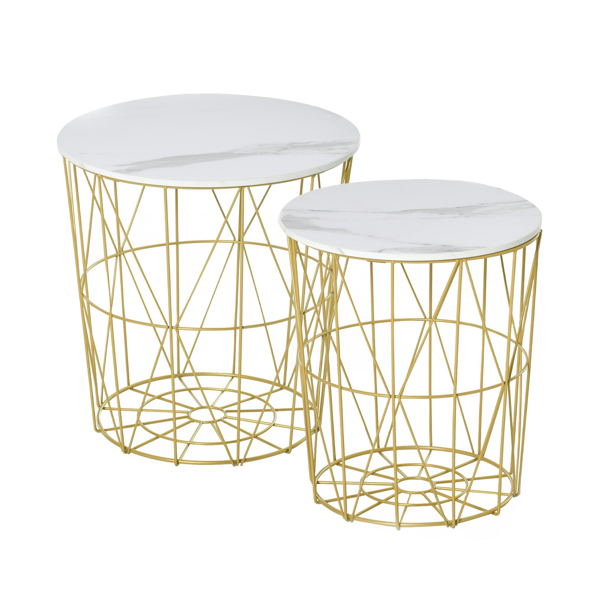 - Lot de 2 tables gigognes néo-rétro métal doré aspect marbre blanc