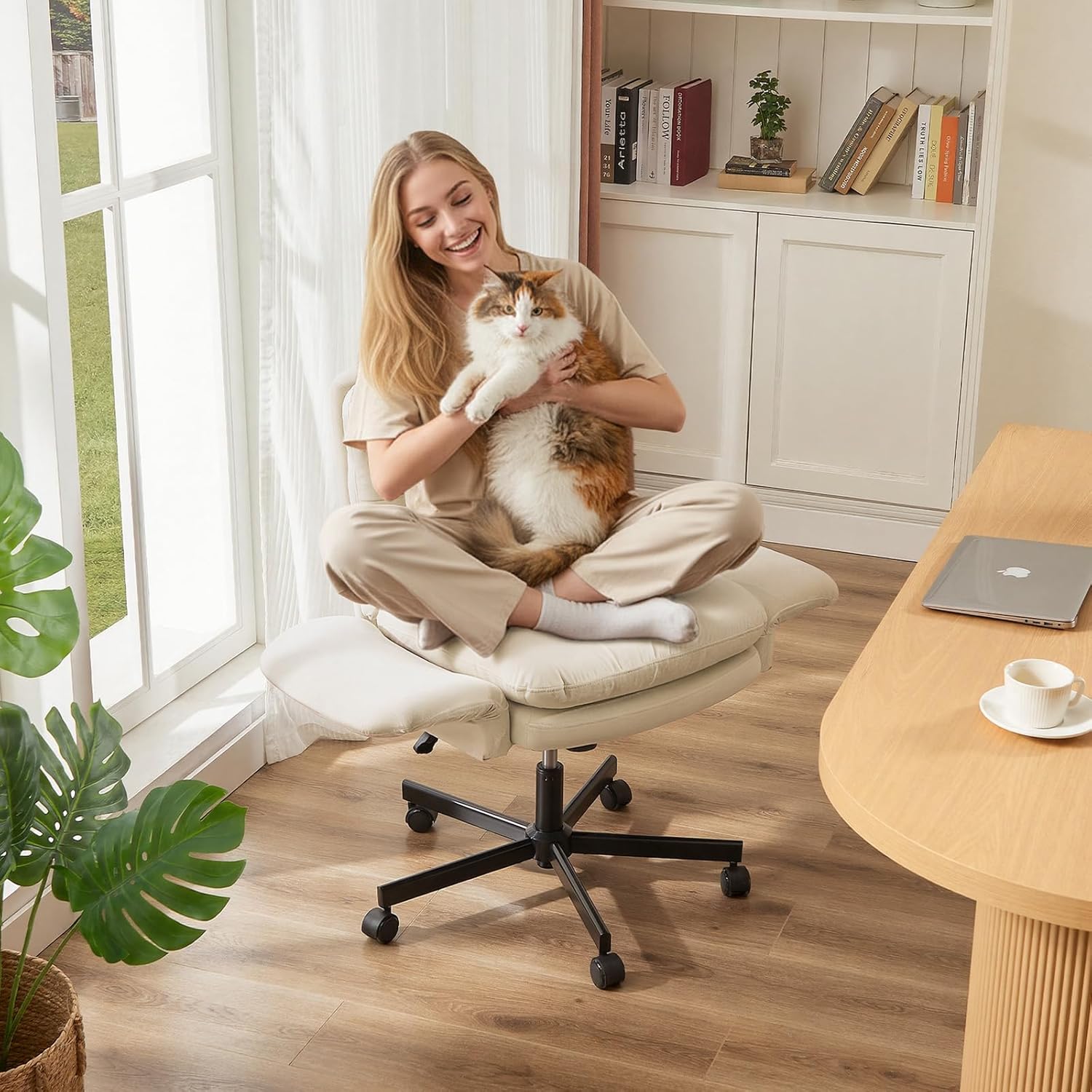 Bestier Criss Cross Office Chair with Flip-Up Arms, Vanity Comfy Chair with Thick Cushion & Wheels, Cross Legged Office Chair for Home Office, Bedroom, Beige Velvet