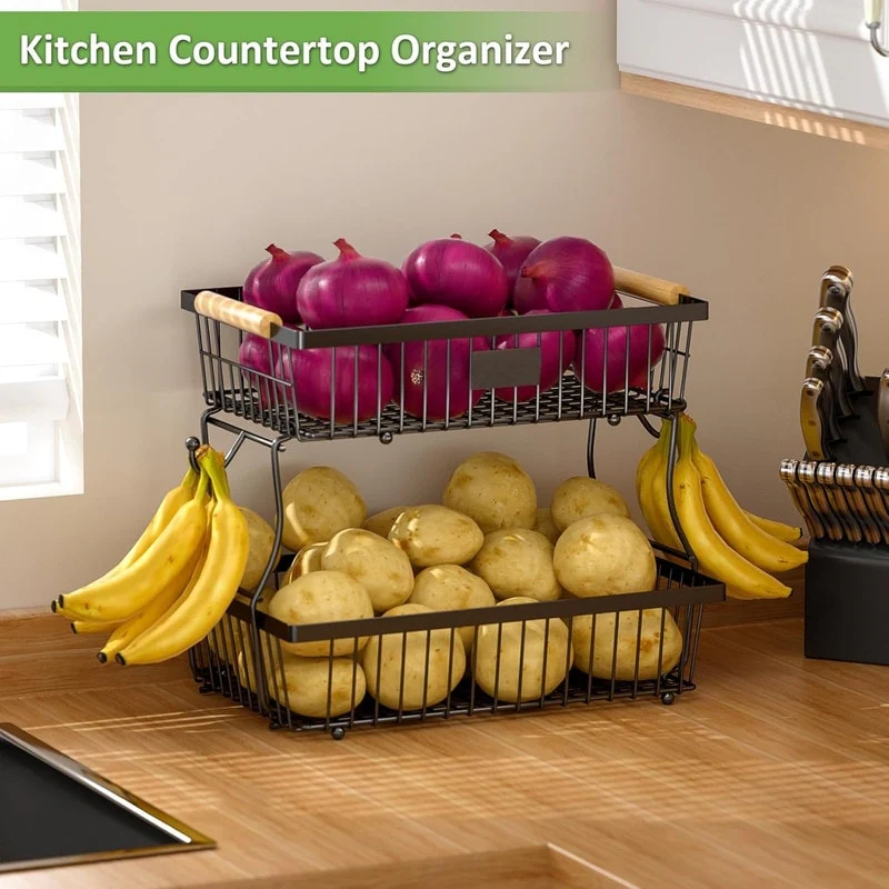 2 Tier Fruit Basket for Kitchen with 2 Banana Hangers, Detachable Wire Basket Organizer