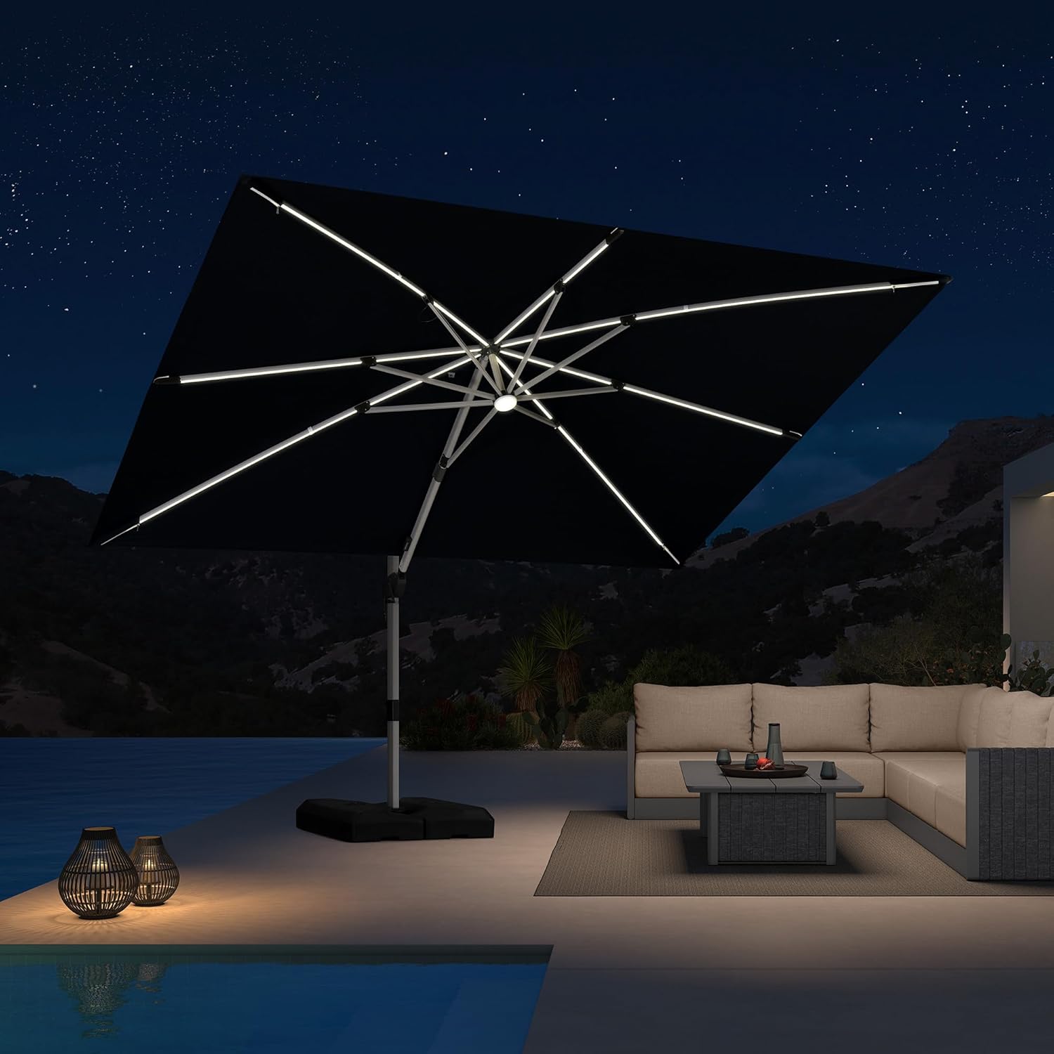 PURPLE LEAF 9' X 12' Patio Umbrella with Lights Outdoor Rectangle Cantilever Umbrella Solar Powered LED with 360-degree Rotation for Garden Deck Pool Patio, Black