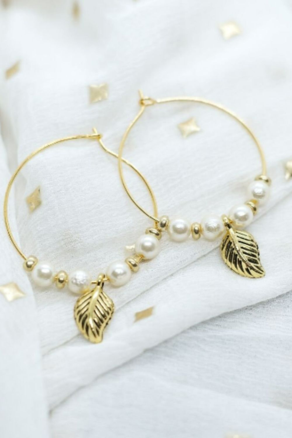 The Colourful Aura 30mm White Beaded Leaf Charm Hoop Earring