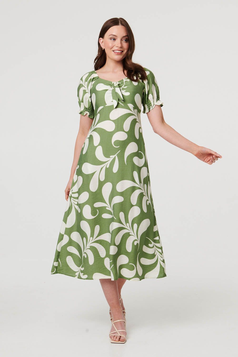 Izabel London Abstract Puff Sleeve Tie Neck Midi Dress
