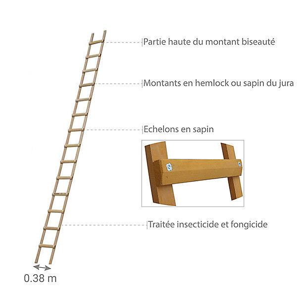 Echelle de toit en bois - Ecartement des barreaux 33cm - Longueur 5.00m - B3150033