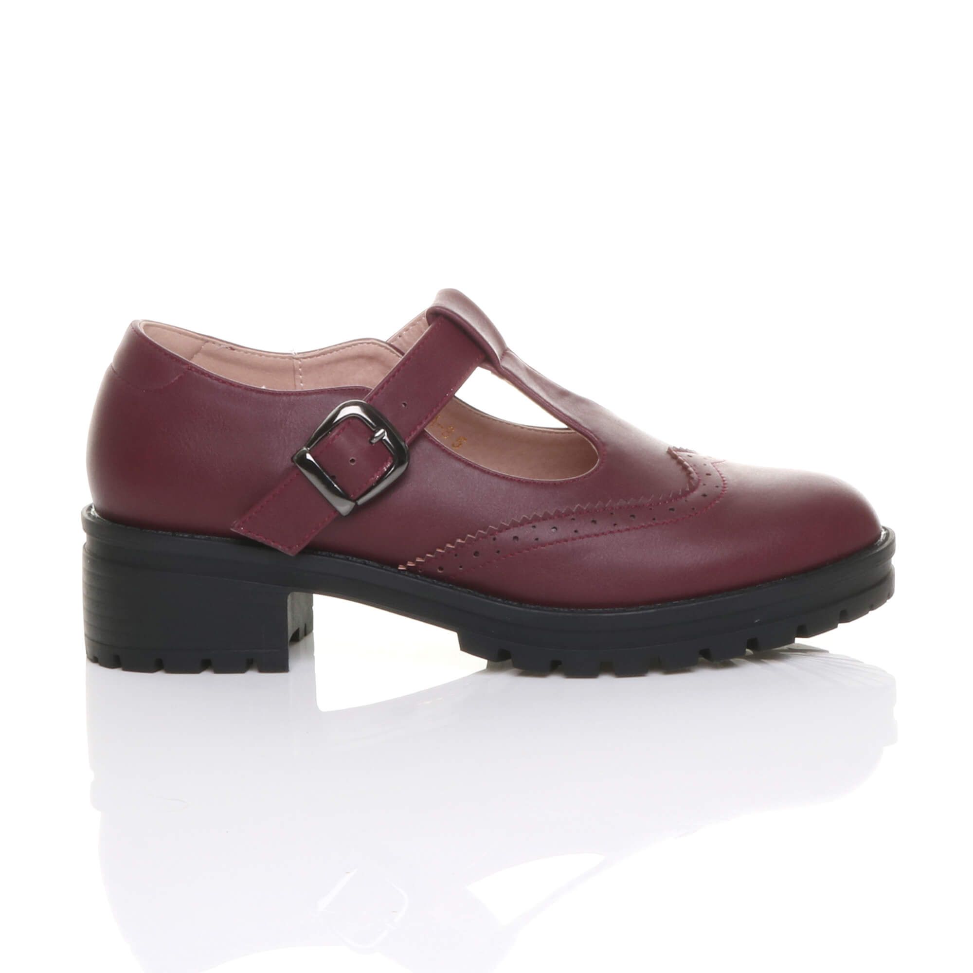 AJVANI Mid Heel Chunky Brogues Buckled T-Bar Mary Janes