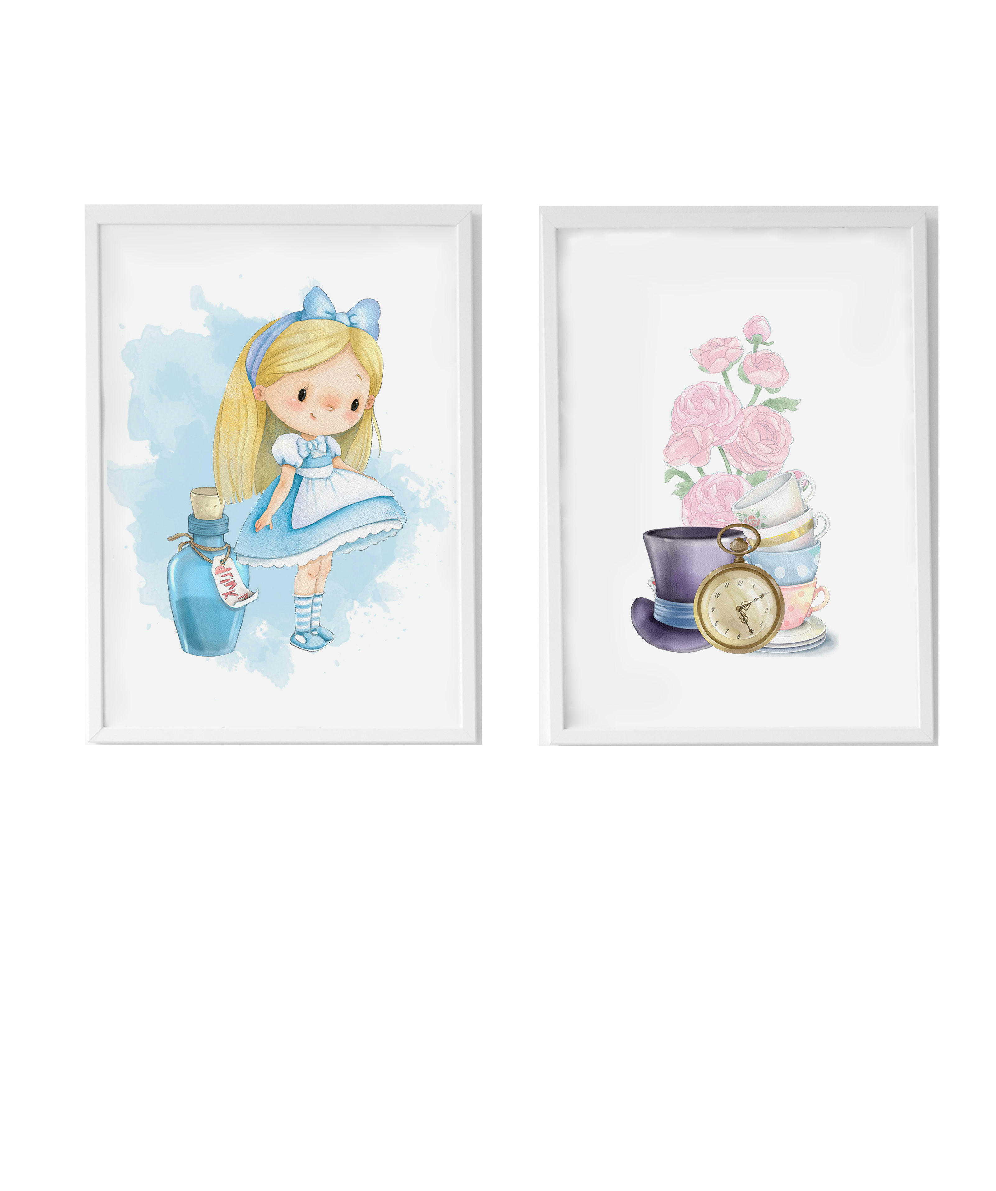 DECOWALL - Pack encadré bois blanc impression le Alice et fleurs 43X33 cm