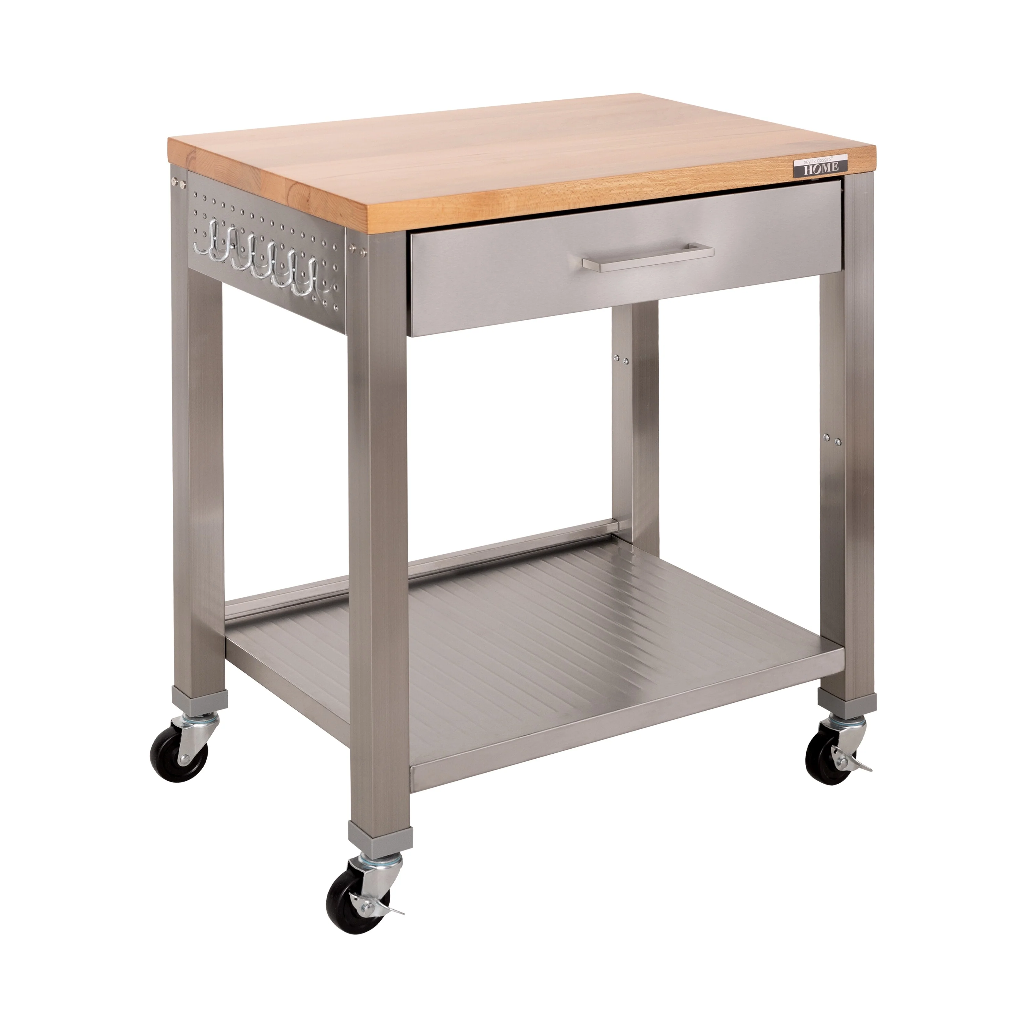Seville Classics Stainless-Steel Worktable Cart with Solid Wood Top, 30 W x 20 D x 36 H