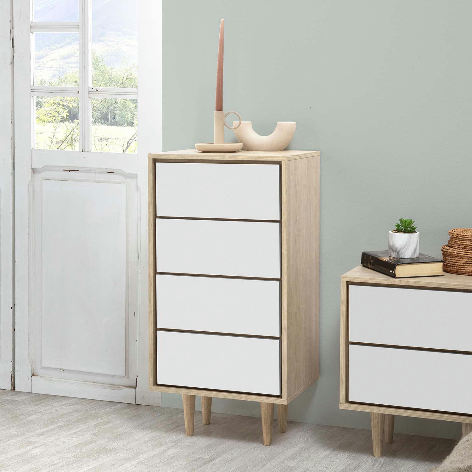 DENIA - Chiffonnier 4 tiroirs chêne/blanc, 45 cm longueur