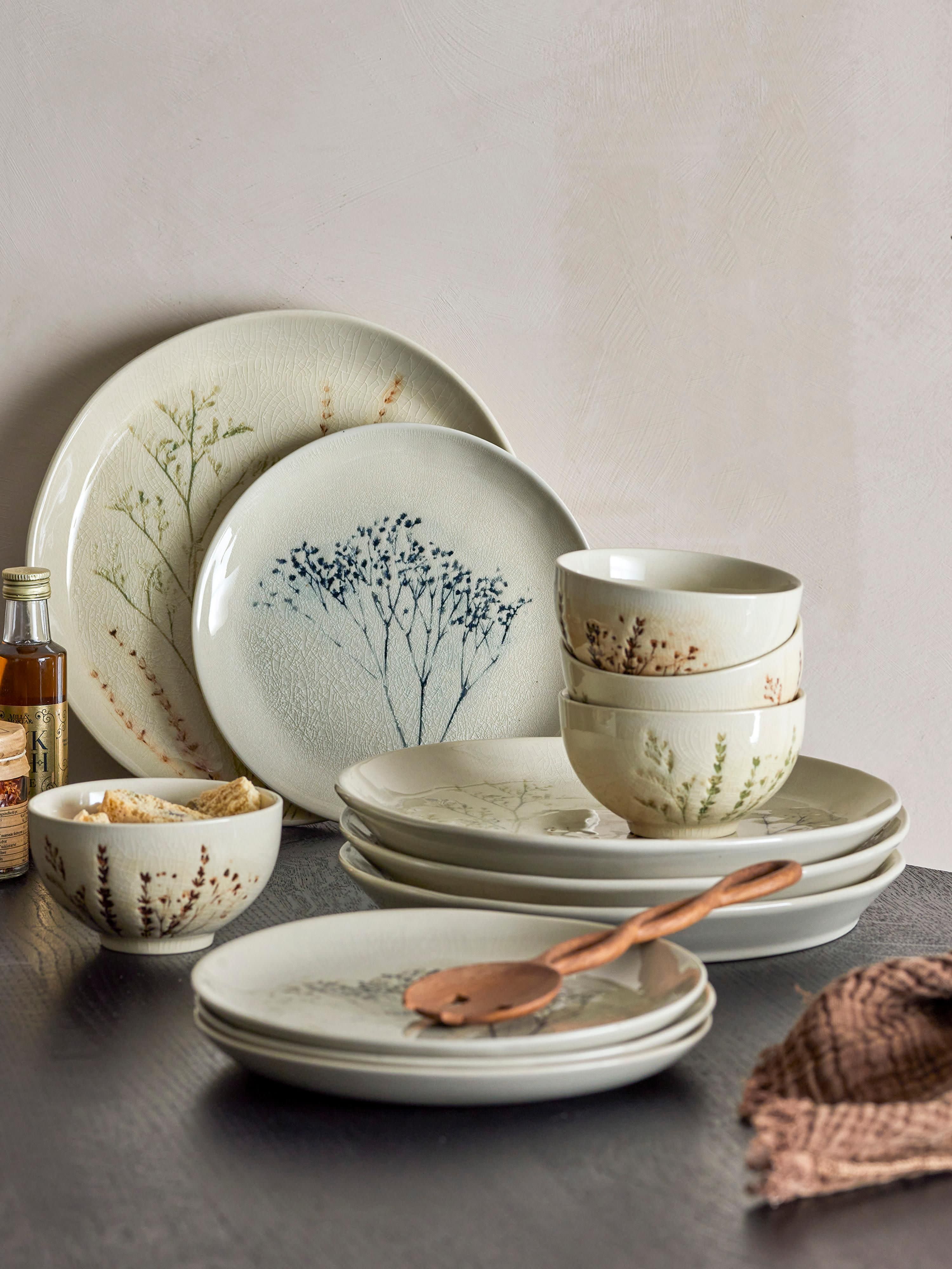 Handgemachtes Geschirr-Set Bea mit Gräser-Motiv, 4 Personen, 12er-Set