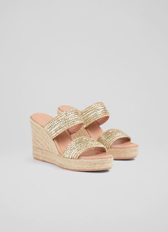 Renlee Gold Leather Woven Wedges
