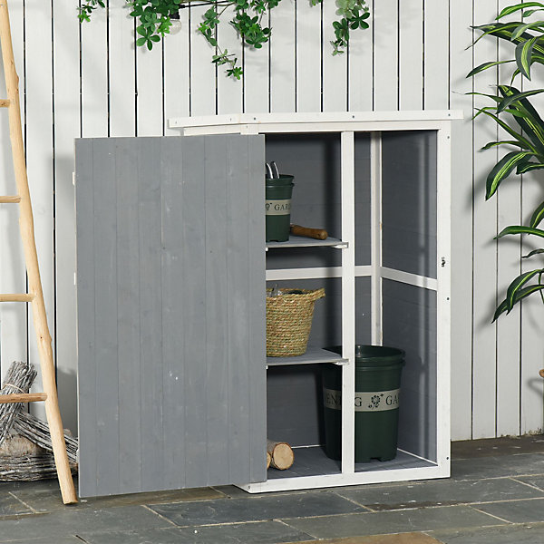 Armoire abri de jardin - grande porte verrouillable loquet - 2 étagères - toit bitumé incliné bois de sapin blanc gris