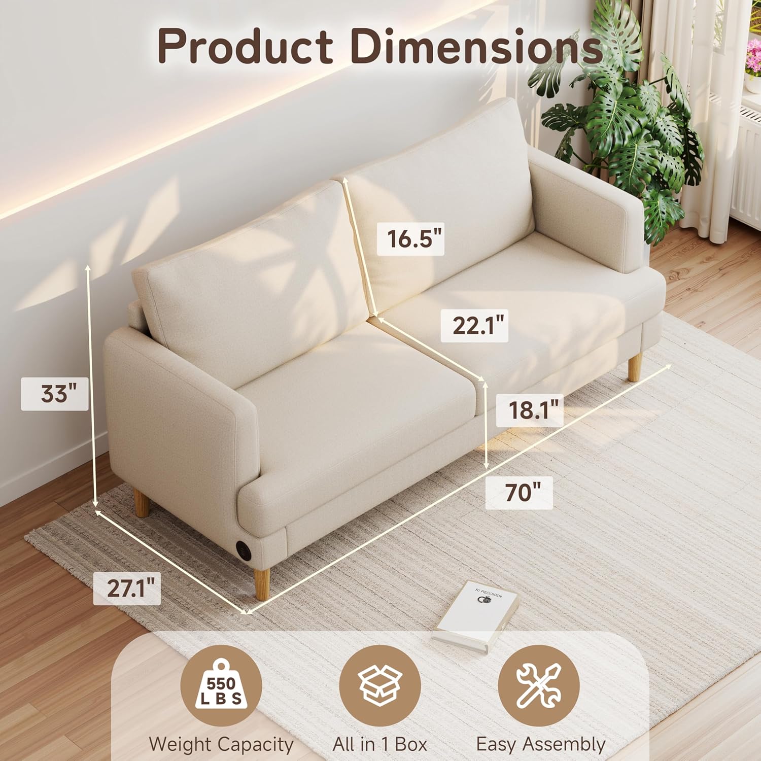 70 Modern Loveseat Sofa with USB Type-C Ports, Linen Fabric 2-Seater Deep Seat Couch, Cozy Small Couch Sofa for Living Room Bedroom Office Apartment (Beige)