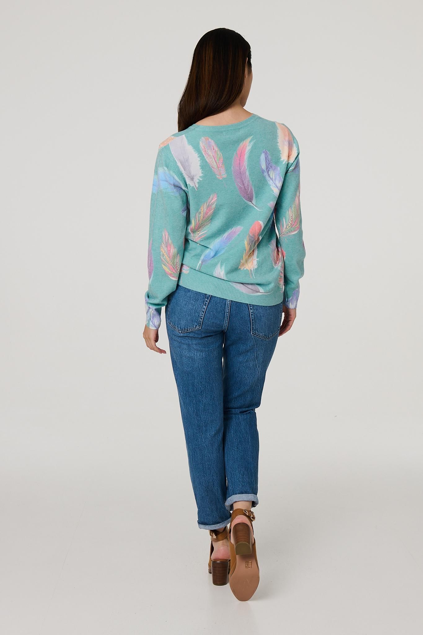 Izabel London Feather Print Diamante Detail Jumper