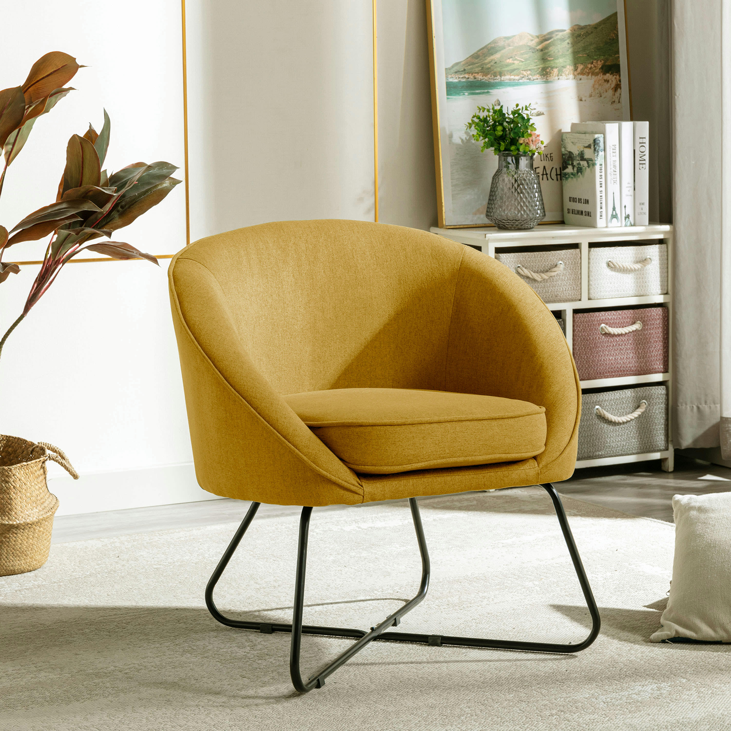 JONAS - Fauteuil design tissu curry pieds métal noir