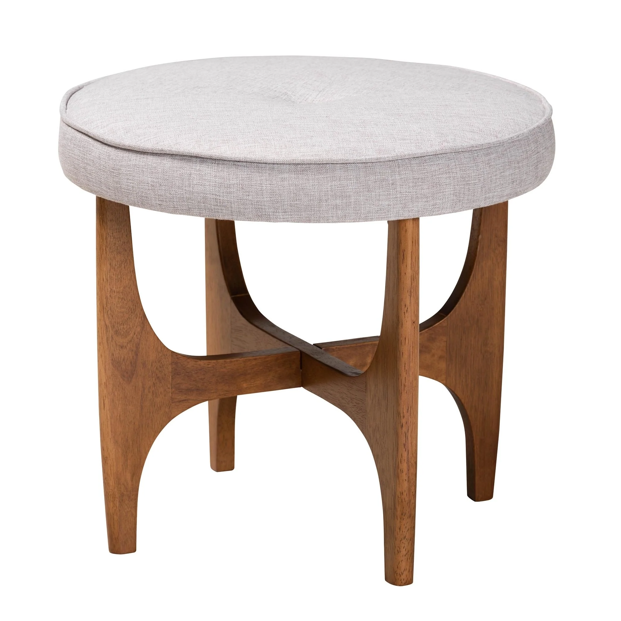 Theo Japandi Greyish Beige Fabric and Walnut Brown Finished Wood Ottoman Footstool