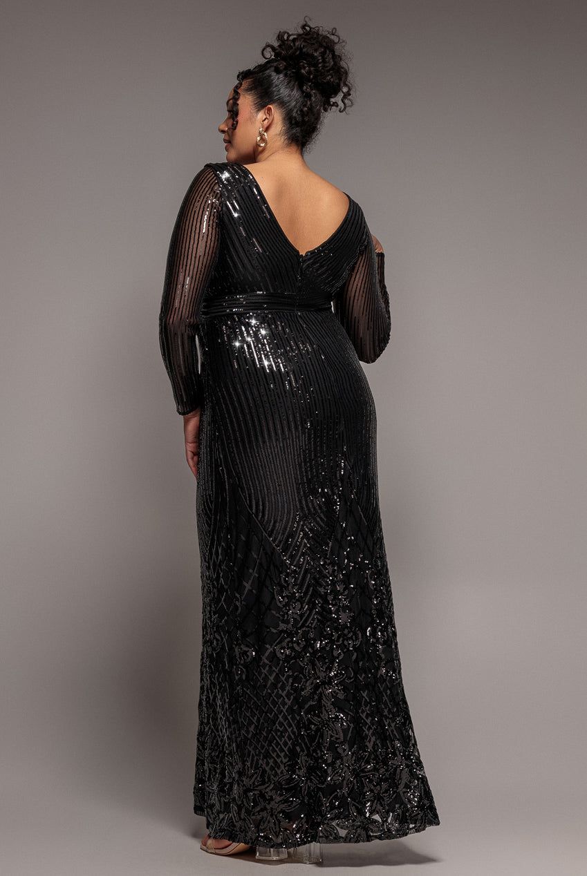 Goddiva Long Sleeve Sequin V Wrap Maxi Dress