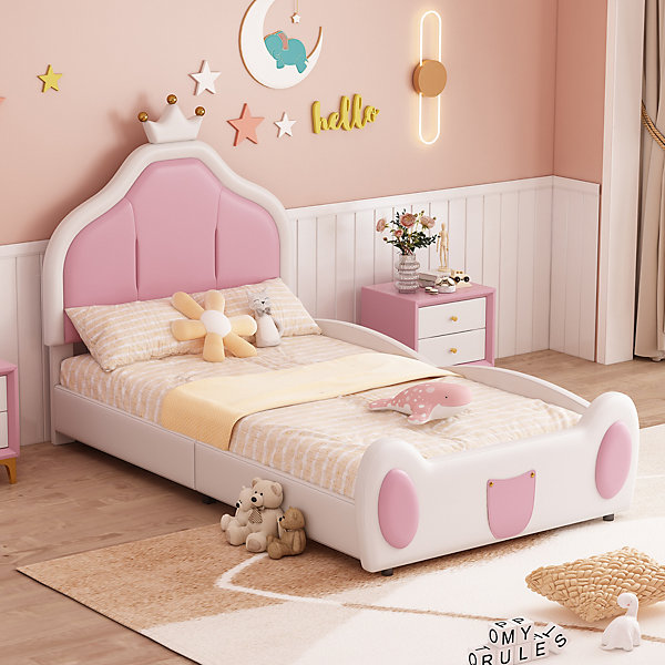 Lit 90x200 cm avec tête de lit en forme de couronne, revêtement simili cuir blanc et rose, cadre métal et panneaux bois