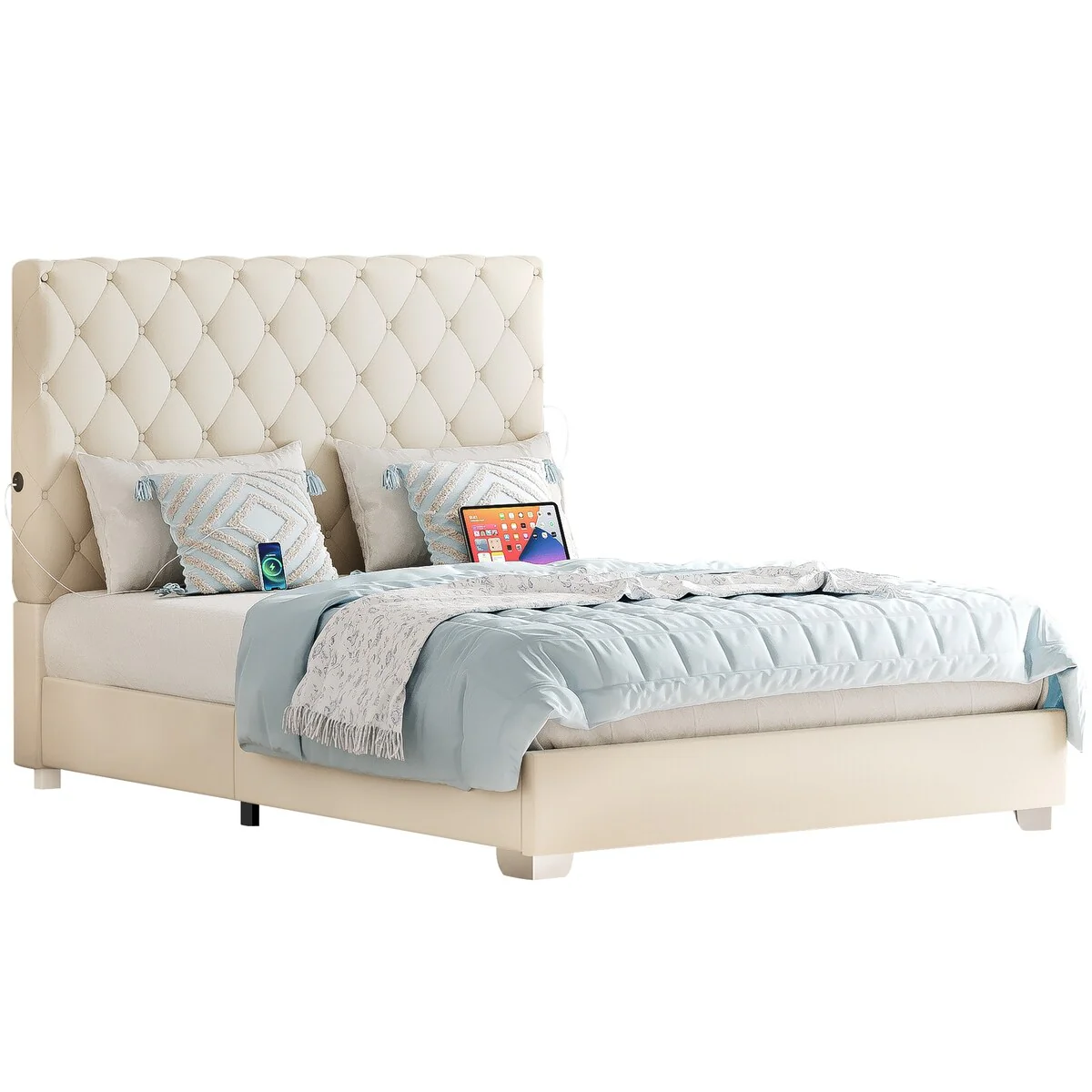 Moasis Queen Upholstered High Headboard Bed Frame