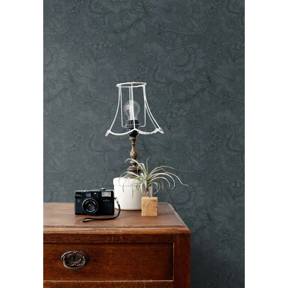 ESTAhome behang bloemmotief donkerblauw - 50 x 900 cm