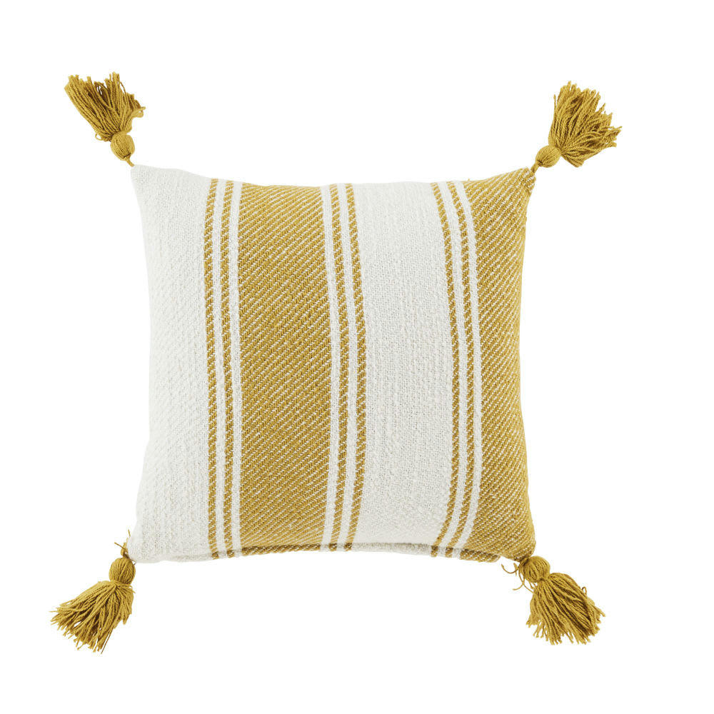 MARVIN - Coussin écru et marron avec pompons 30x30