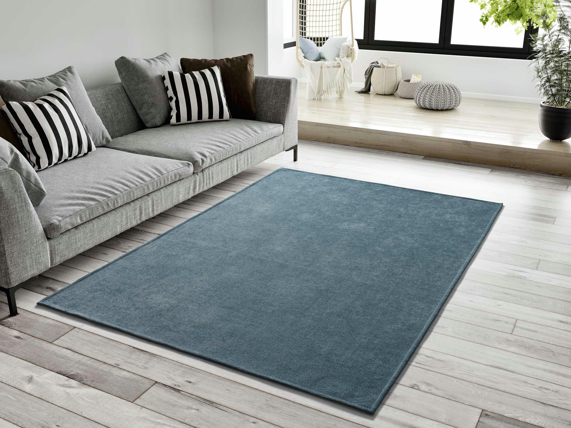 HARRIS - Tapis uni lavable en bleu, 080X150 cm