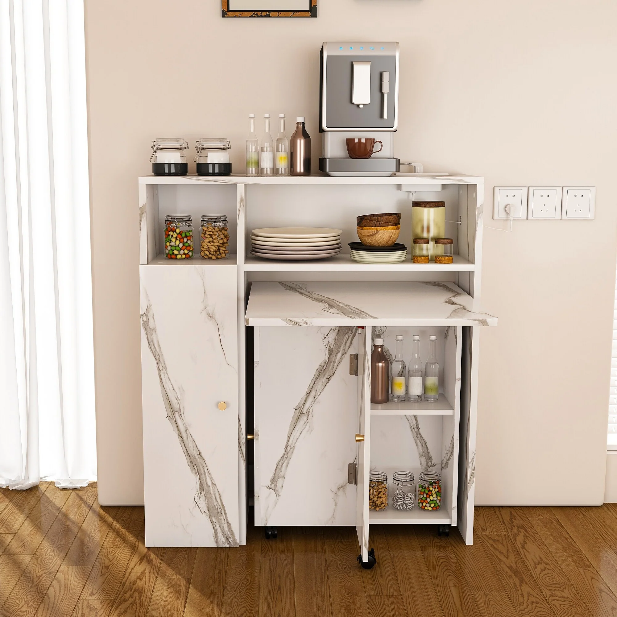 Multifunctional Folding Dining Table with Wall-Mounted Sideboard & Storage for Small Apartments(wihte) - White