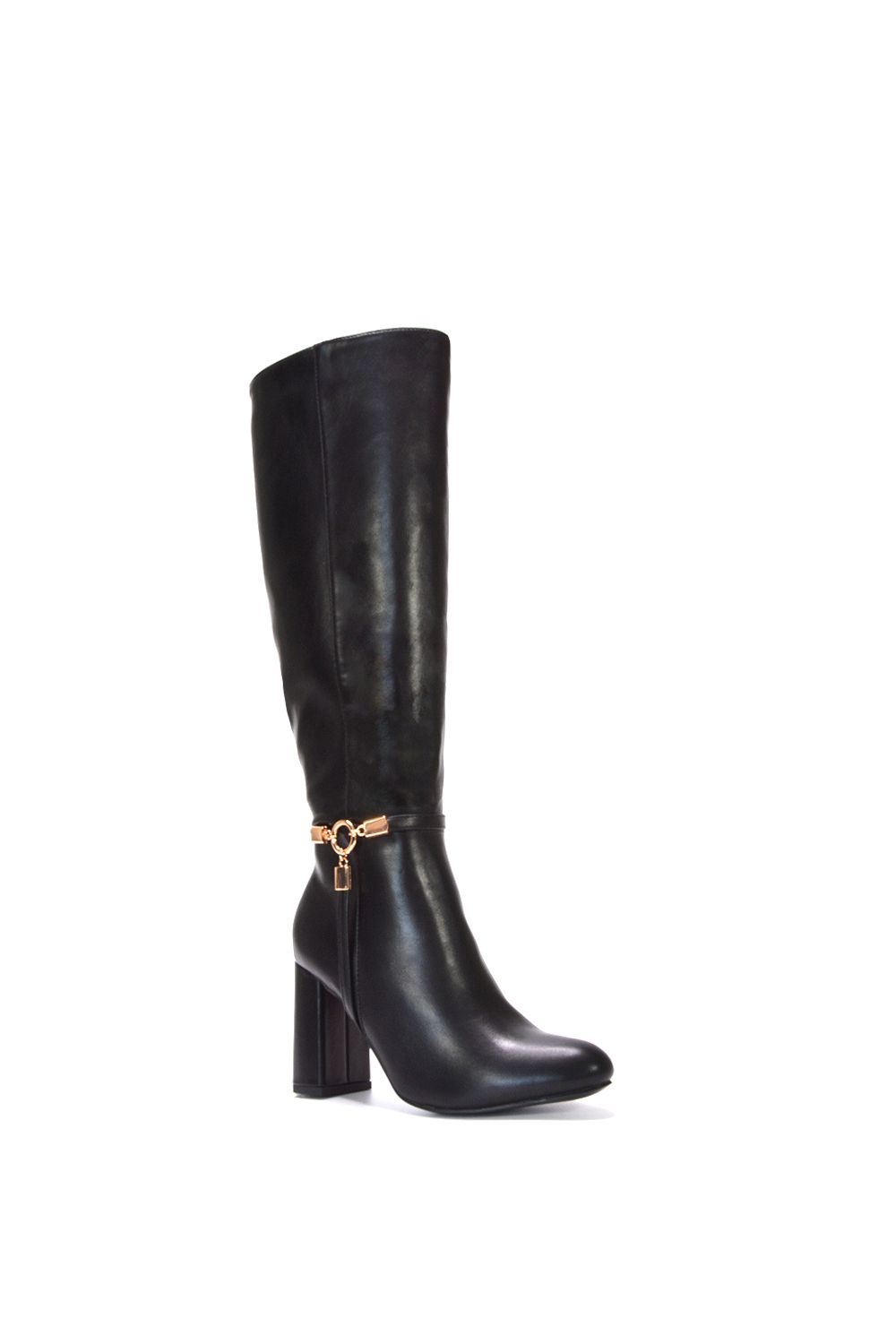 XY London Ebony' Block High Heel Wide Calf Knee High Booties