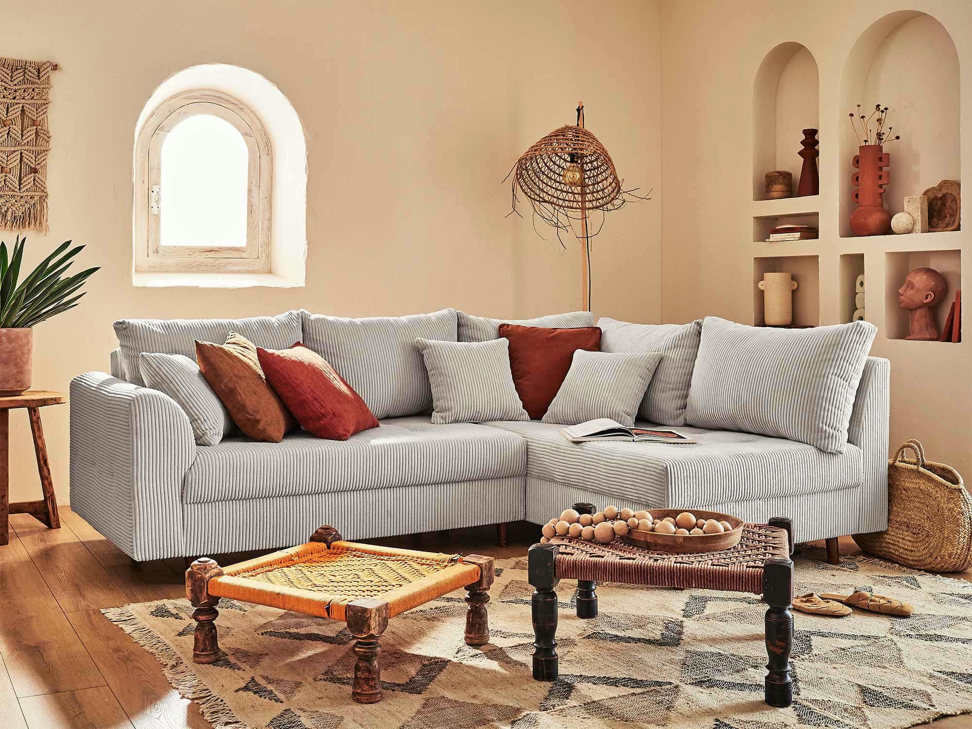 RUNE - Canapé d'angle droit 4 places en velours côtelé gris clair