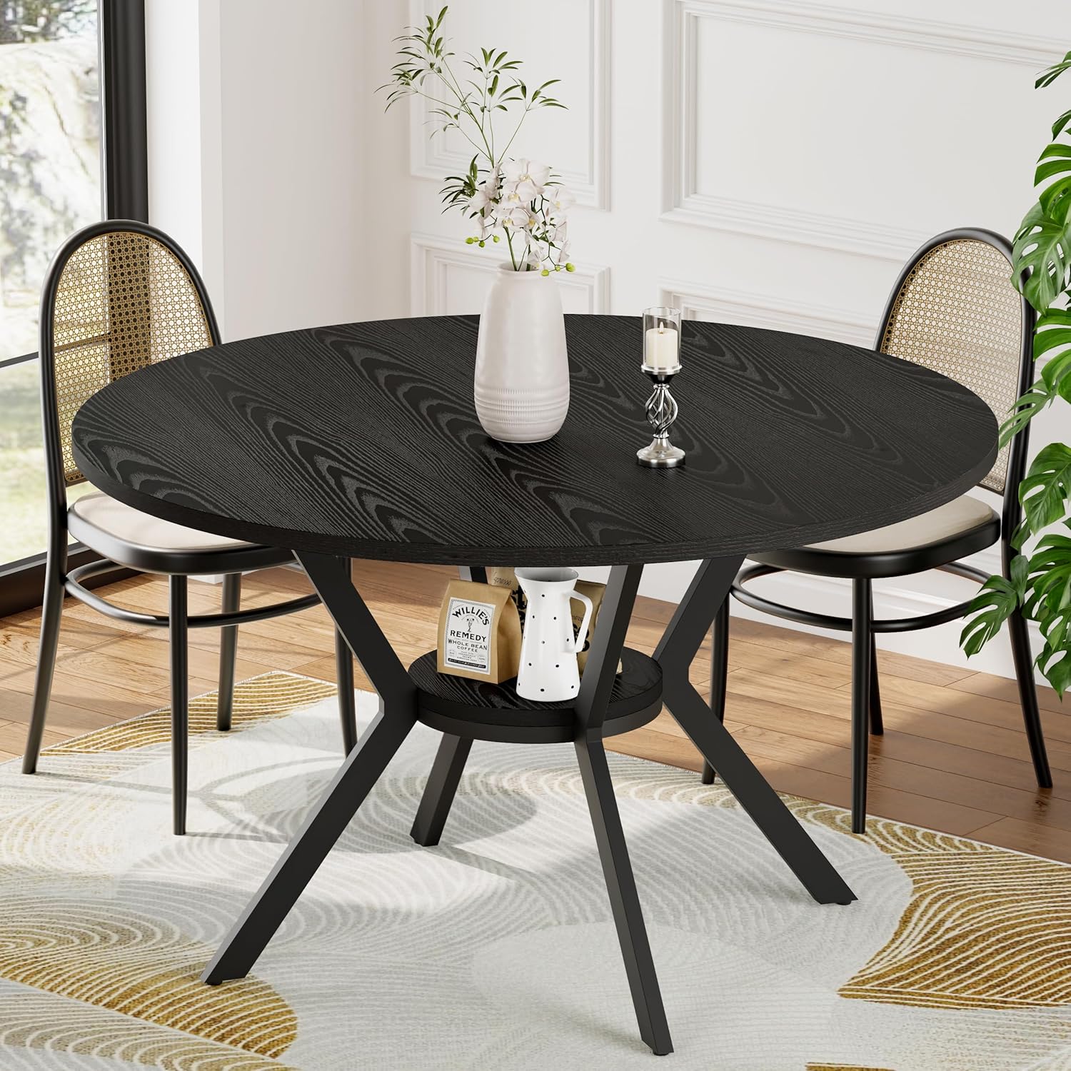 Black Dining Table for 2-4, 42 Inch Round Kitchen Table with Storage, Wooden Circle Dinner Table with Metal Legs, Rustic Mid Century Modern Dining Room Tables for Kitchen, Living Room, Dining Room