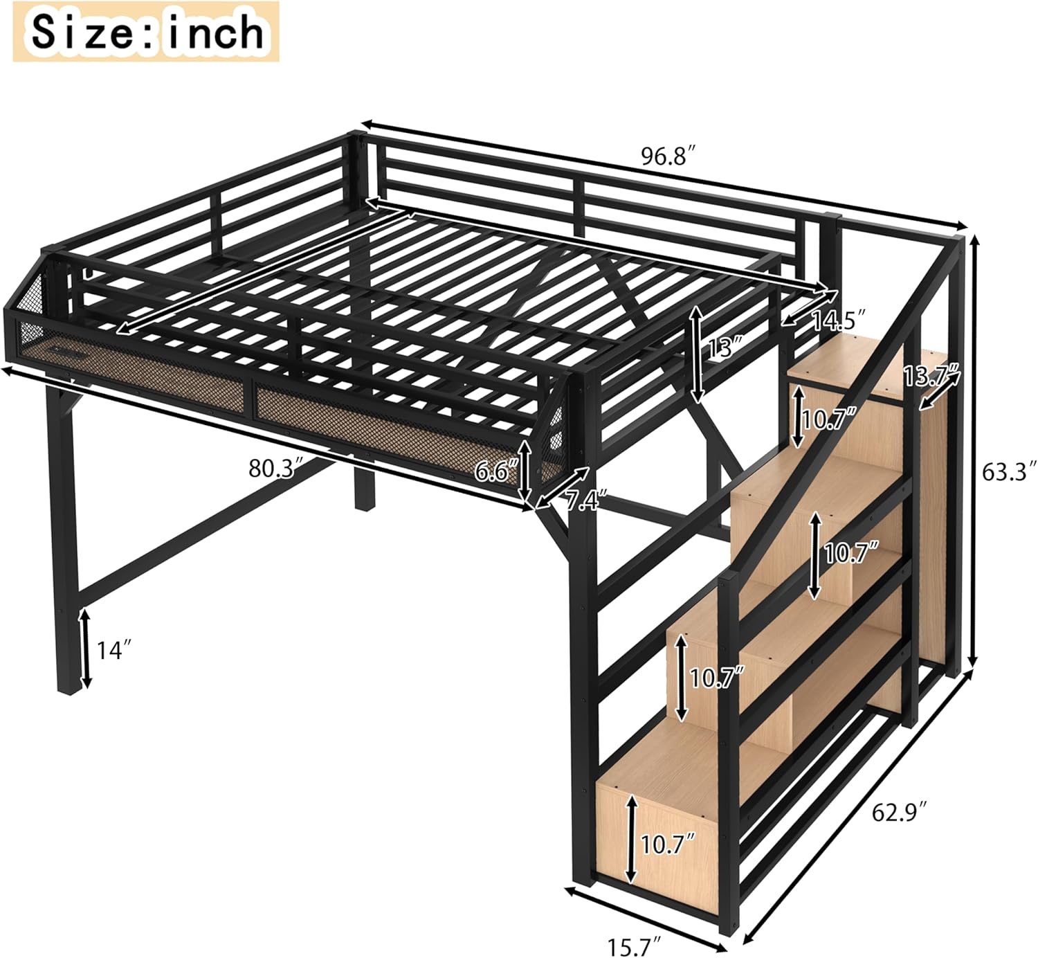 Bellemave Queen Loft Bed with Stairs and Built-in Wardrobe, Metal Loft Bed Frame with Storage Shelves, Heavy Duty Loft Beds with USB Ports and LED Lights for Adults, Boys, Girls, Teens, Natural Wood
