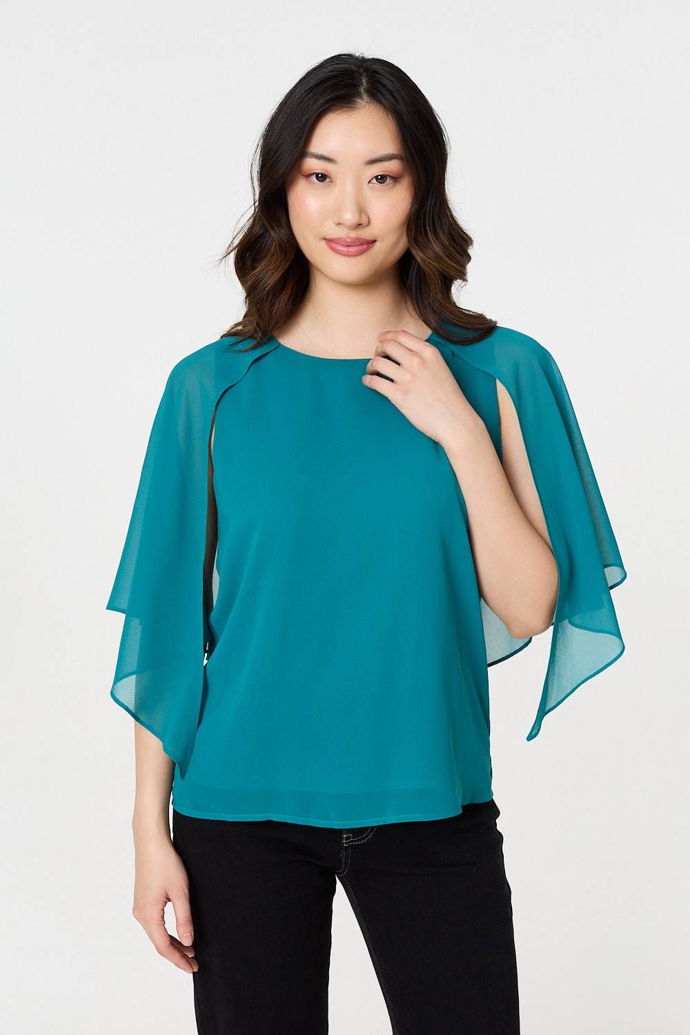 Izabel London Semi Sheer Cut Out 3/4 Sleeve Blouse