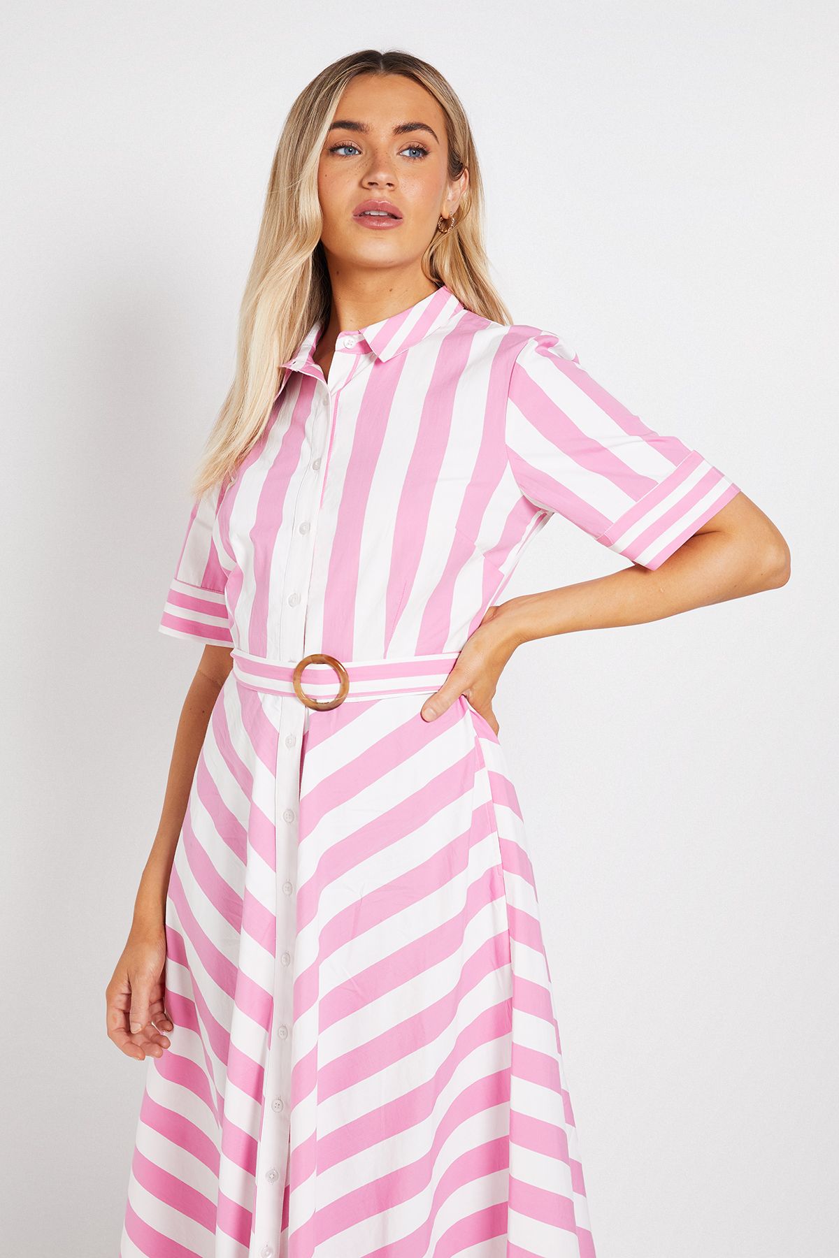 Dorothy Perkins Pink Belted Stripe Shirt Midi Dress