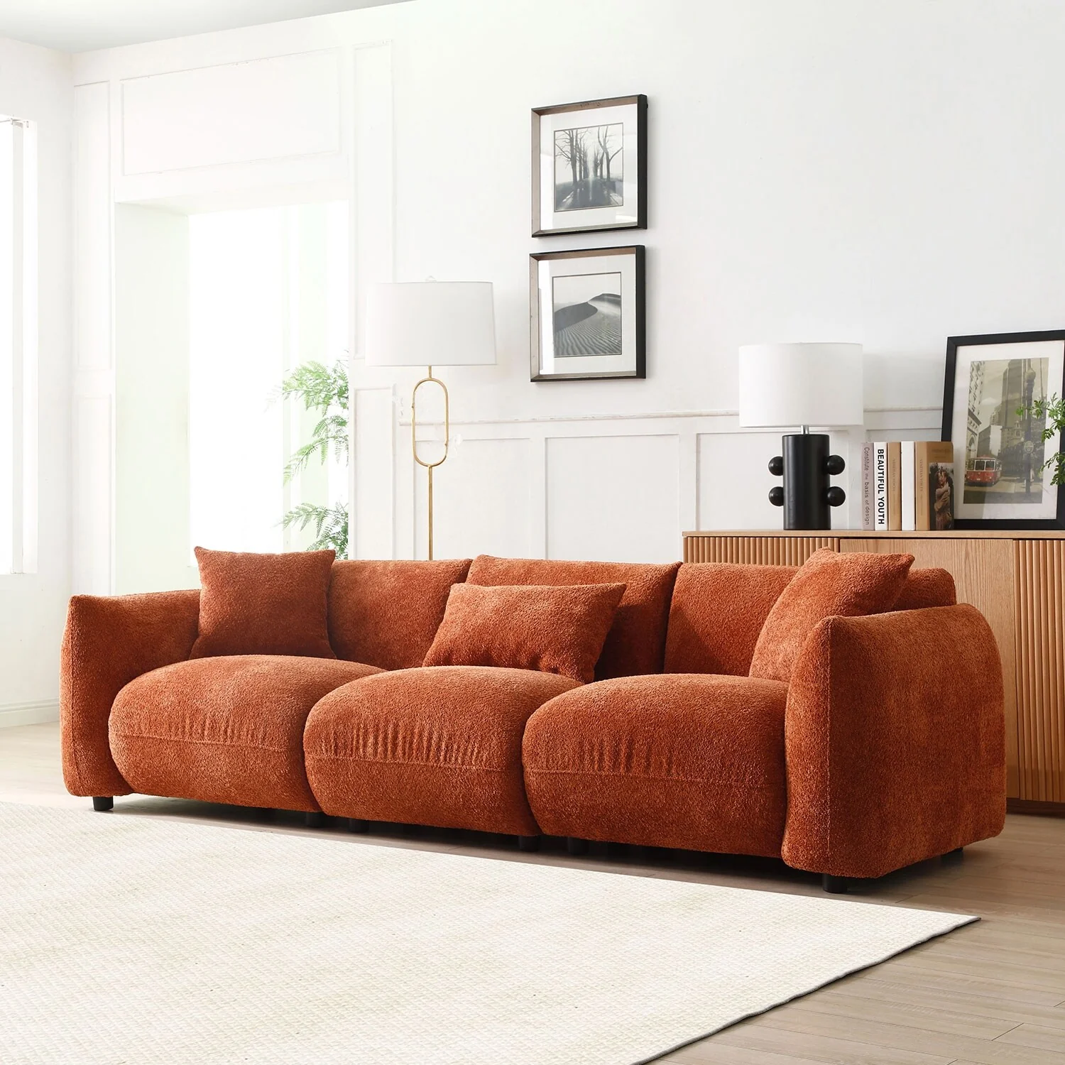 Orange 102.36'' Boucle Upholstered 3 Seater Sofa Couch with 3 Pillow, Ergonomic Design and Thick Cushioning for Living Room