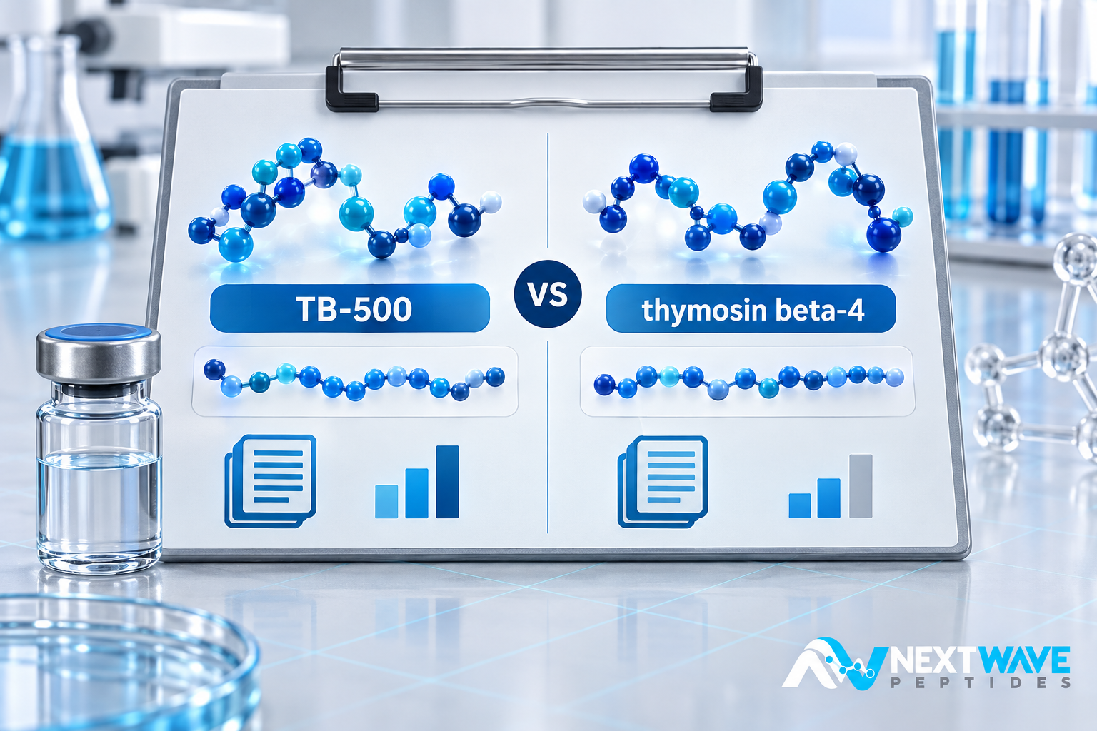 Blue peptide ribbon and shorter sequence marker separated by an identity checklist and laboratory documentation card.