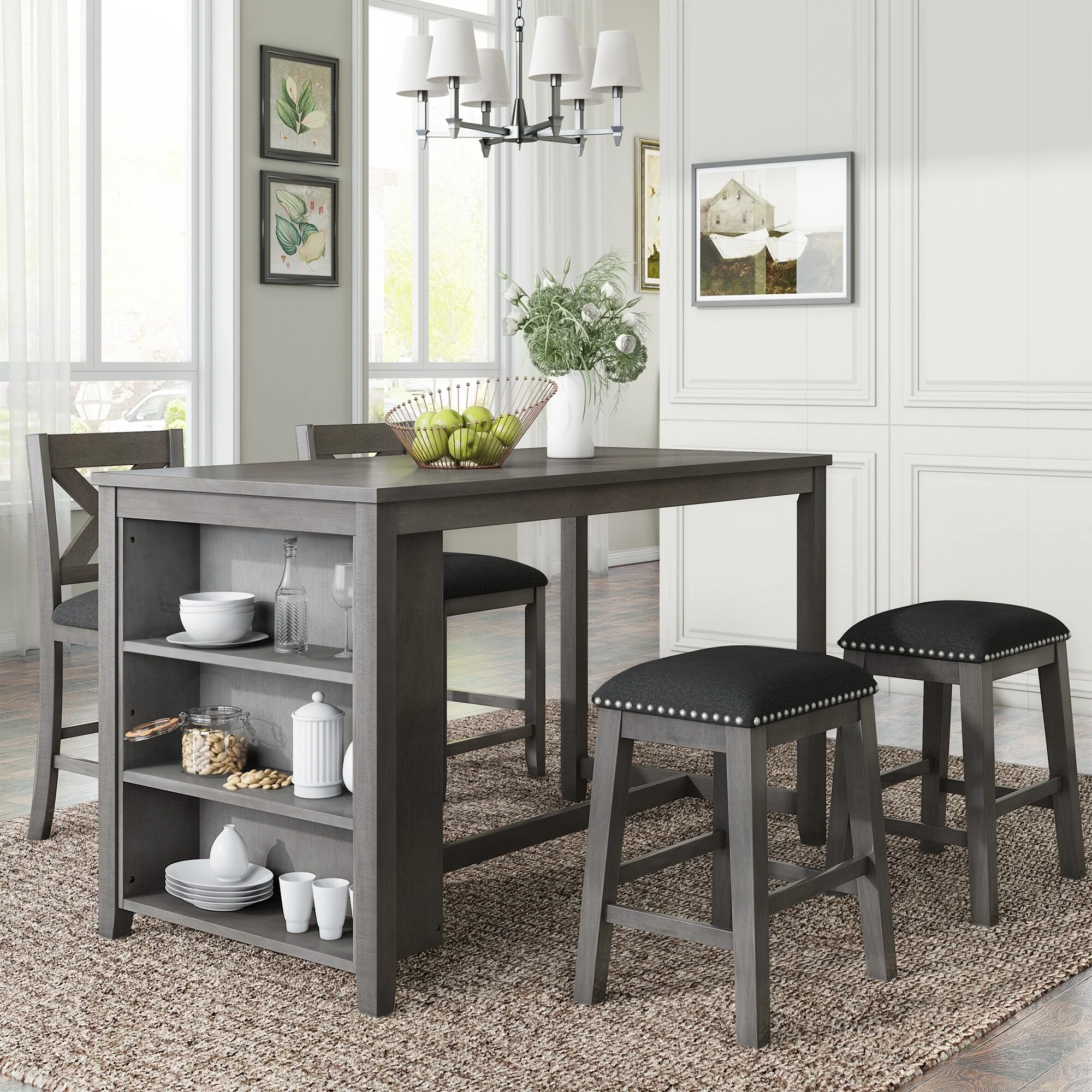 Farmhouse Style Wooden 5-piece Dining Bar Table Set with 2 Upholstered Stools and 2 Upholstered Chairs