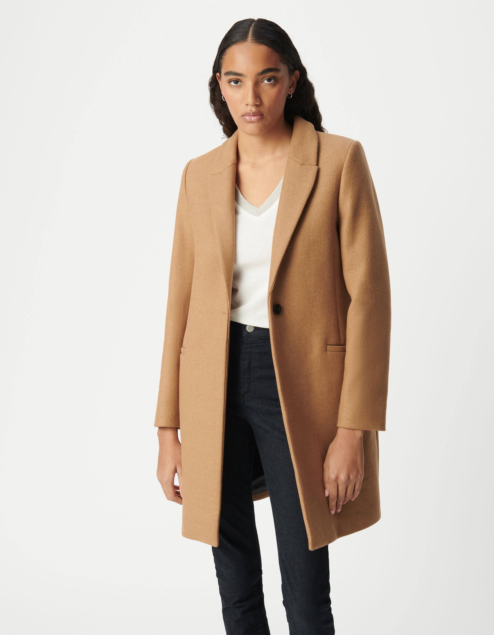 Manteau mi-long camel capuche amovible Femme