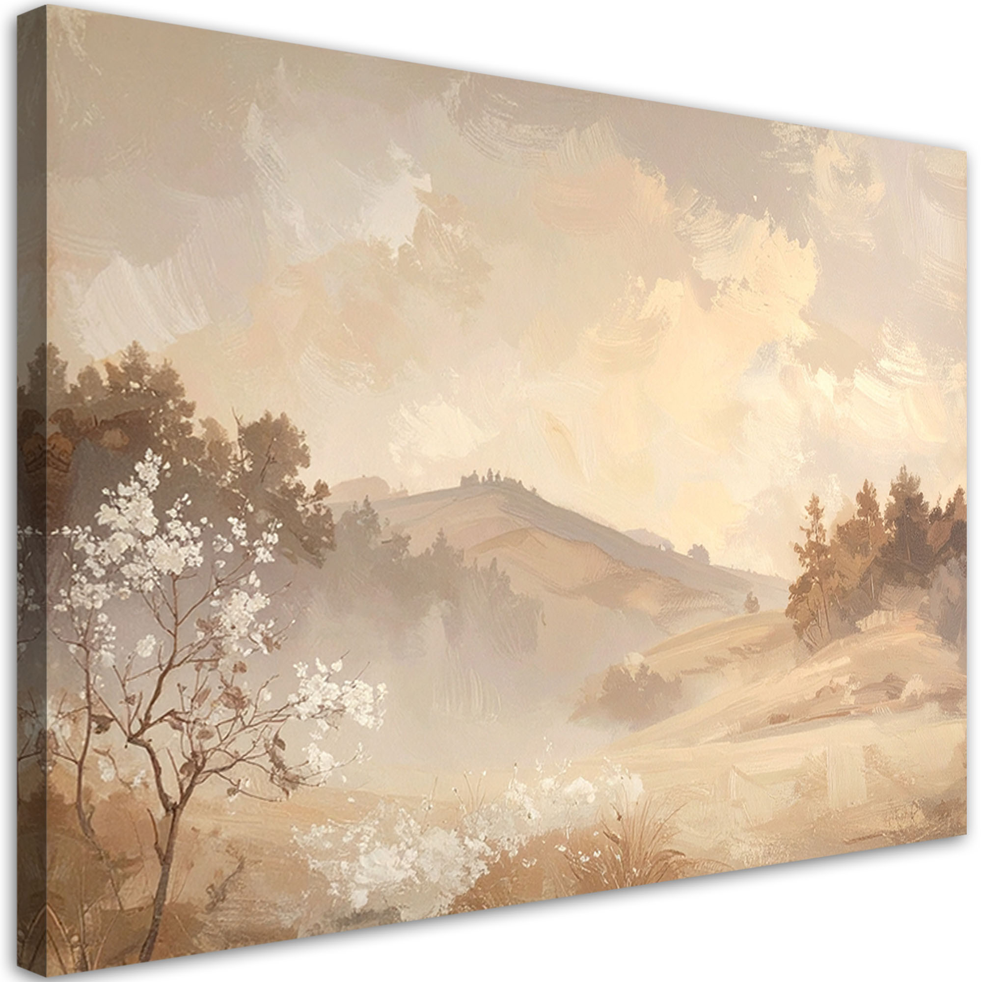 Obraz do salonu sypialni, Pastelowy Pejzaż Gór i Drzew Rustykalny 30x20