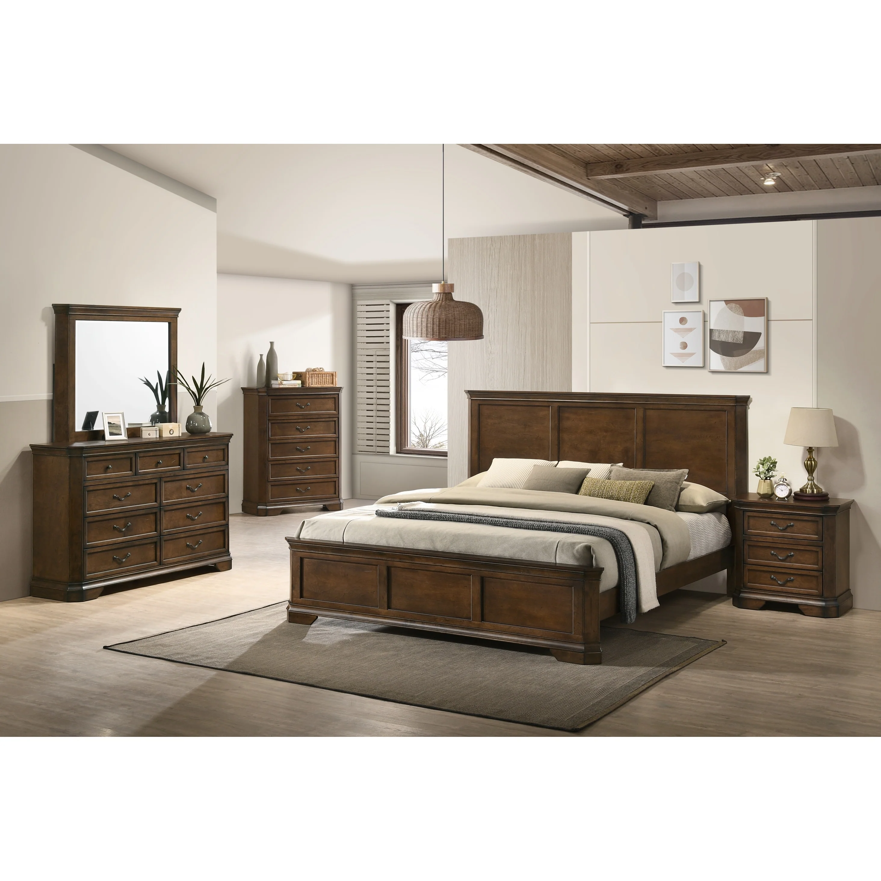 Roundhill Furniture Maderne Traditional Wood Panel Bed with Dresser, Mirror, Nightstand, Chest, Antique Walnut Finish