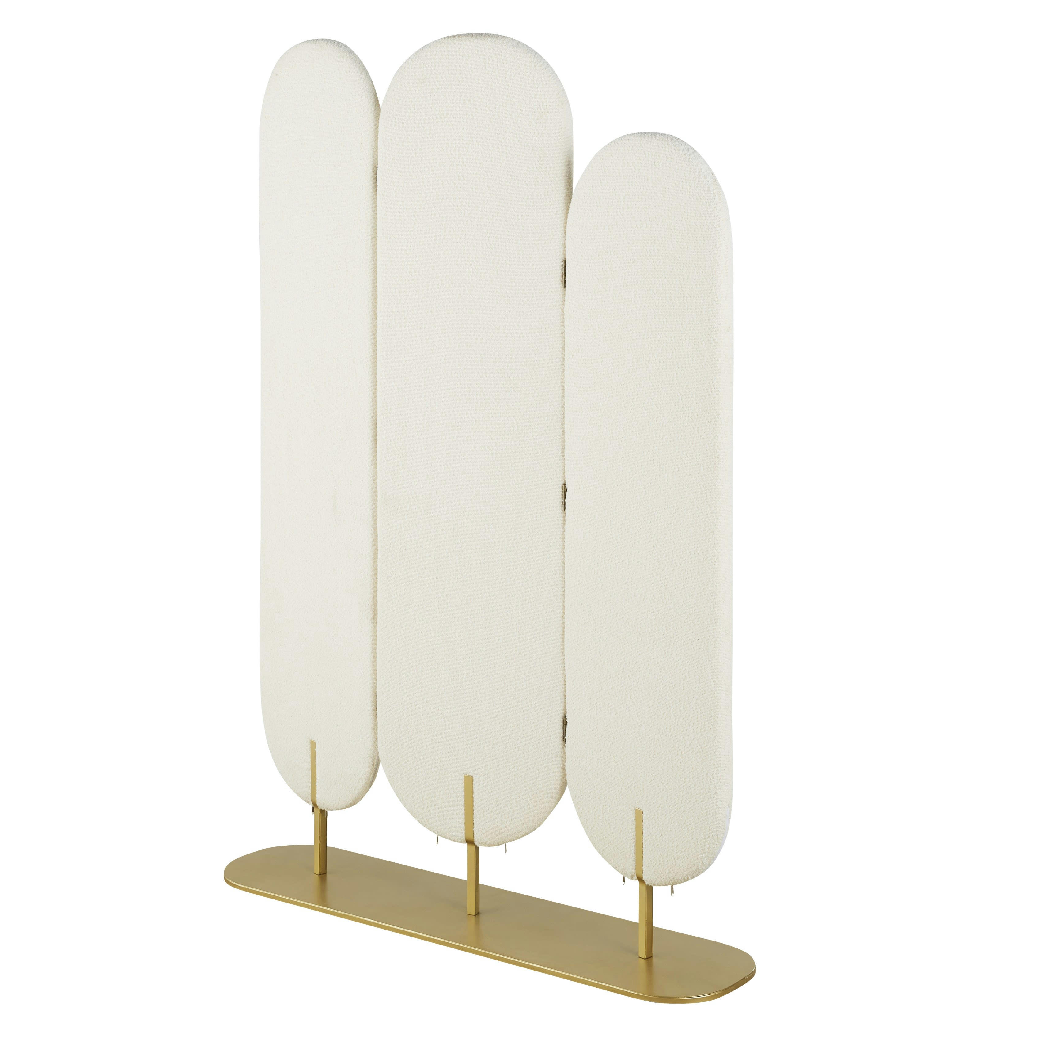 IRIS - Paravent en tissu effet laine bouclée écru et en métal doré