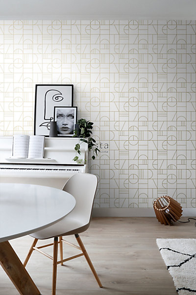 ESTAhome papier peint art déco blanc et or 53 cm x 10.05 m