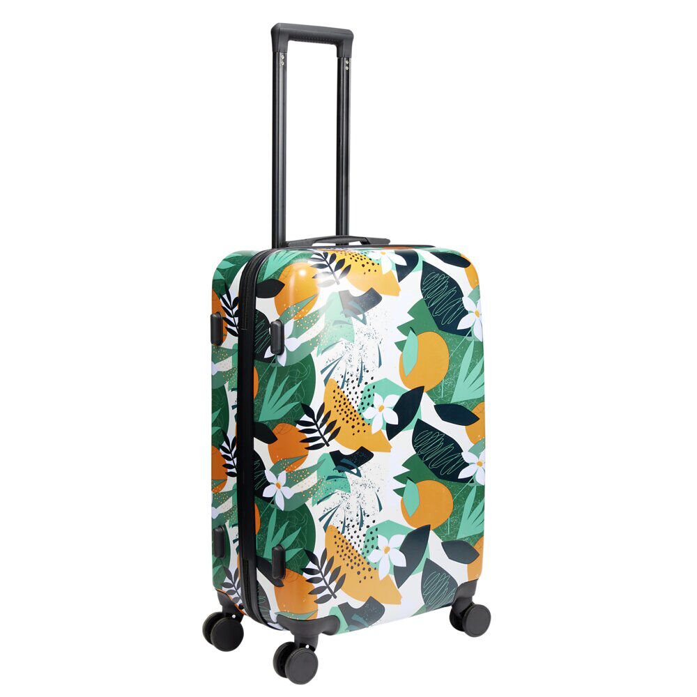 Valise cabine 64L trolley plastique ABS motif tropical avec cadenas 44x26xH67cm