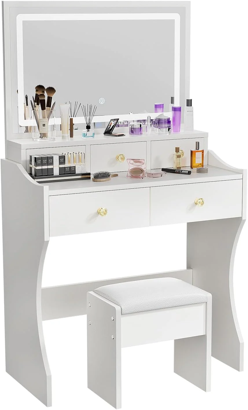 Makeup Table with Extra Large Mirror and Lights, 80cm Dressing Table with Stool(D089 - 80x40x135cm)