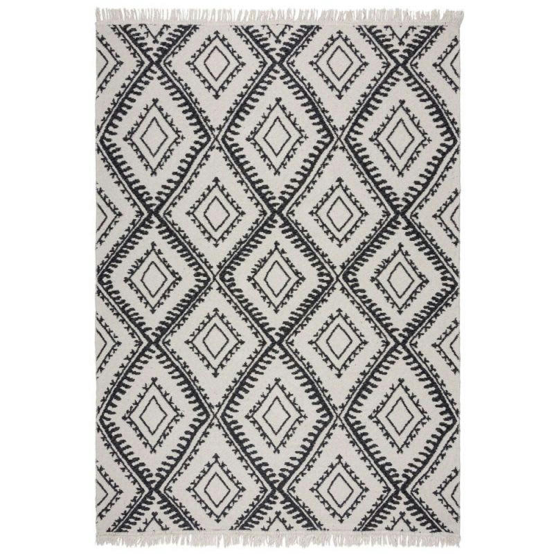 ALIX - Tapis en coton recyclé blanc et noir motifs losanges 120 x 170