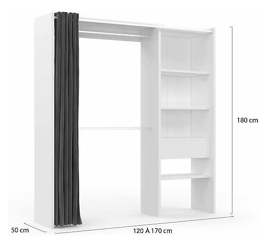 Dressing Extensible 120/170 x 50 x 180 cm Blanc avec étagères   Double penderie   Rideau Gris