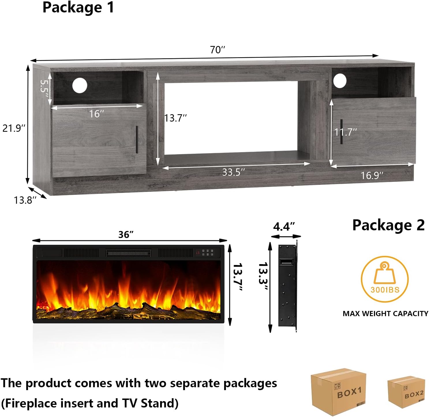 Tavata Fireplace TV Stand Entertainment Center with 36 Fireplace, 70 Wooden TV Console for TVs Up to 80, Modern TV Stands for Living Room with High Gloss Storage Cabinet and LED Lights (Grey)
