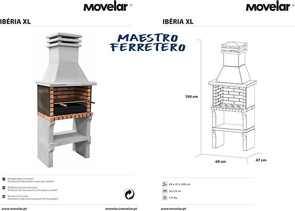 MOVELAR - Barbecue préfabriqué à bois et charbon de bois Iberia PlusxL (Gris, Orange - 69x47x190 cm) REF : M00332