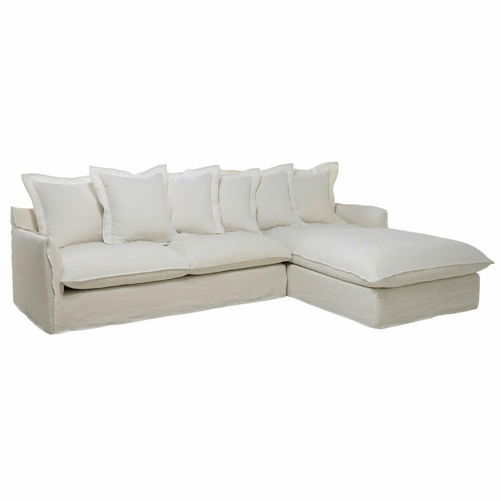 Barcelone - Canapé d'angle droit 6 places en lin lavé blanc
