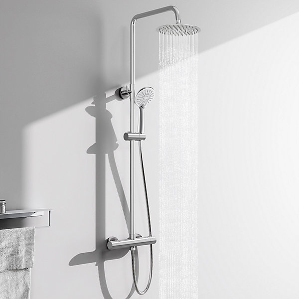 AICA Colonne de douche thermostatique chromée, avec douche de tête ronde et douchette à main réglable en plusieurs modes