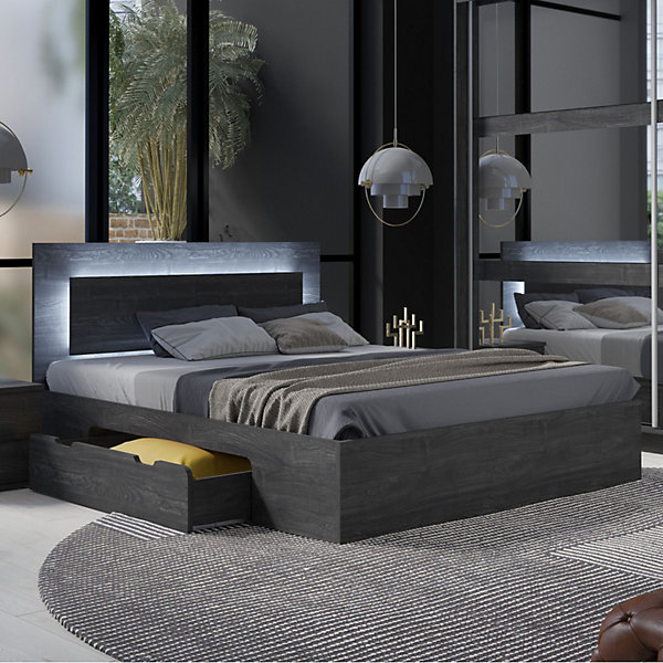 Ensemble lit VELTIS 180x200 cm avec sommier inclusTete de lit LEDFrene noirMatelas non inclus