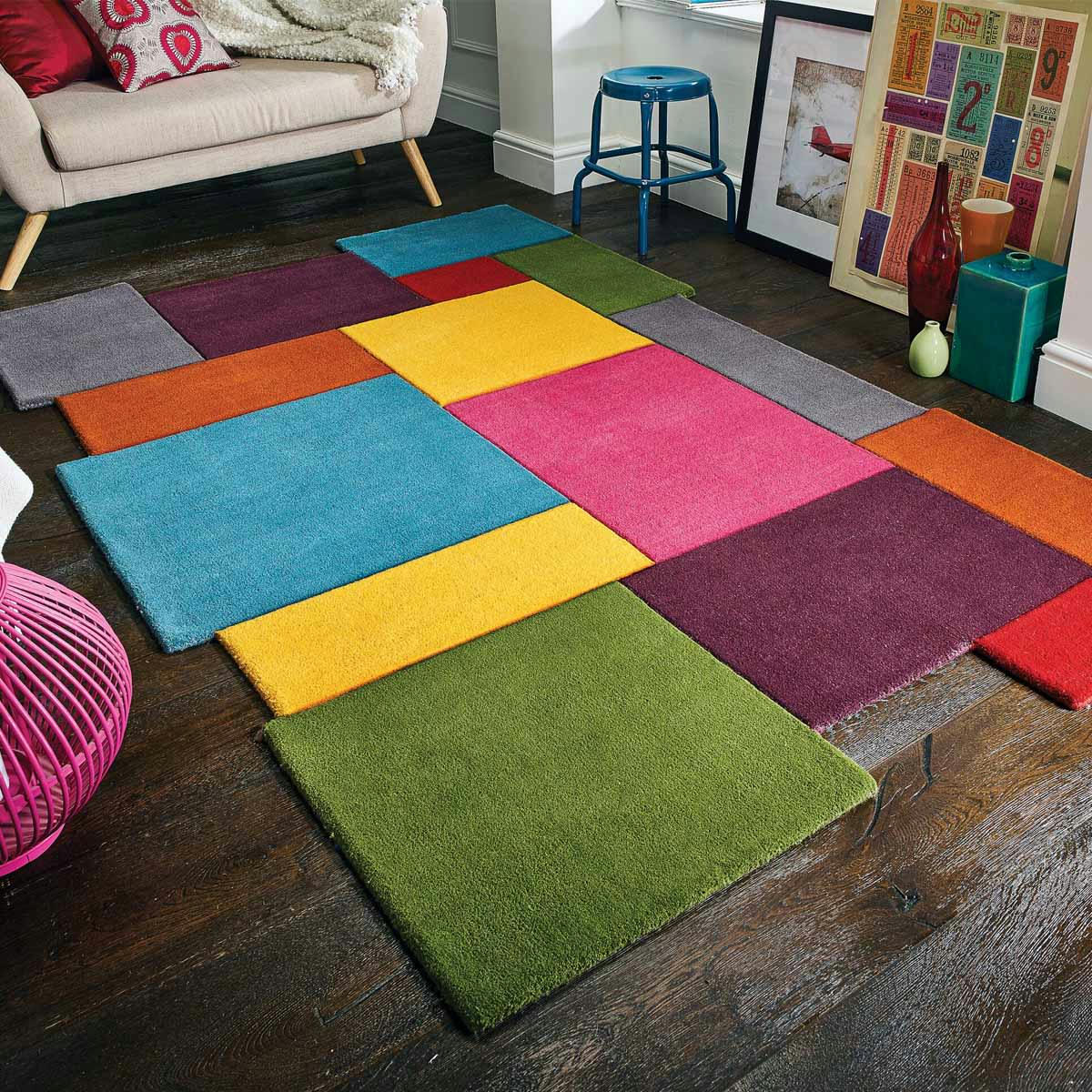 FR DESIGN - Tapis géométrique design en laine multicolore 120x180